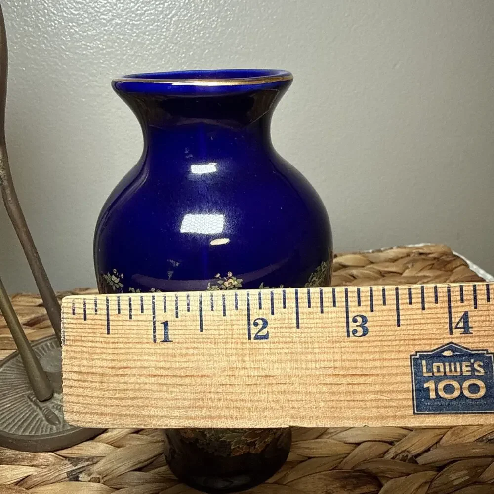 Vtg Asahi Japan Cobalt Blue Floral Bird Vase Gold Trim Chinoiserie 6